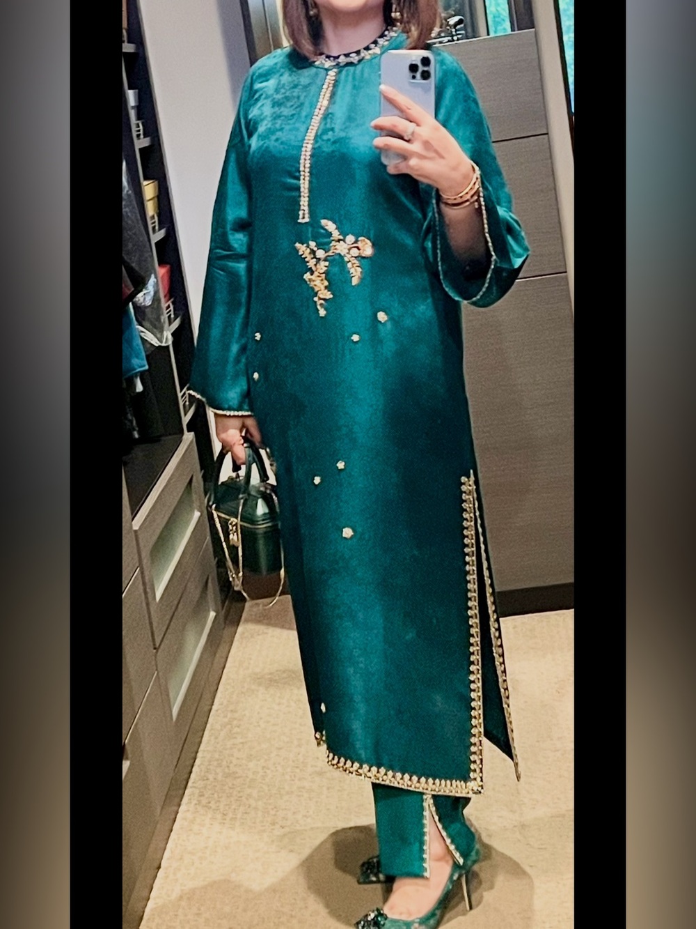 Embellished Teal Long Sleeve Satin Dress with Gold Trim